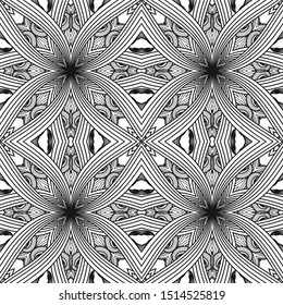 Geometric abstract line art vector seamless pattern. Black and white ornamental background. Repeat monochrome patterned backdrop. Hand drawn doodle floral ornament with striped flowers, lines, shapes.