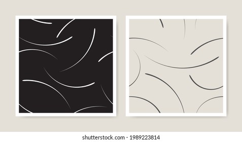 Geometric abstract line shapes seamless patterns. Modern brush liner textures in minimalist style. Wallpaper home decor of arc circle lines of black and beige colors. 