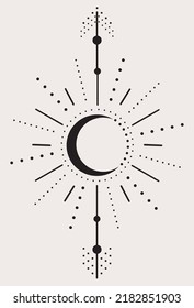 Líneas geométricas, abstractas con luna, brujas. Arte vectorial mágico
