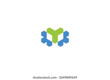 Logo abstrait géométrique avec des formes hexagonales bleues et un élément central vert, créant un design stylisé et moderne. Ce graphique est isolé sur fond blanc clair