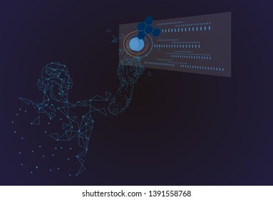 geometric abstract man with globe. Polygonal wireframe mesh art, innovation concept illustration or background for technology concept
