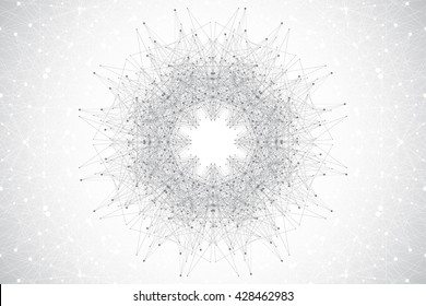 Geometric abstract mandala with connected line and dots. Minimalism chaotic illustration background. Linear sign, symbol. Graphic composition for medicine, science, technology, chemistry.