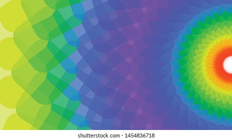 Geometric, abstract mandala style colorful, circular pattern.