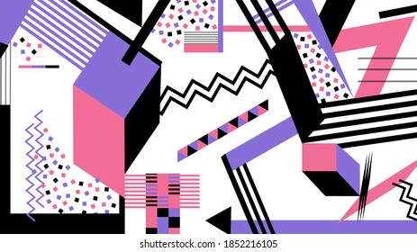 Geometric abstract memphis modern background design. Pink, blue black and white color geometric shapes retro style vector design