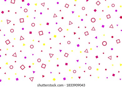 Geometric abstract memphis style pattern, repeat figures colorful vector background. Purple and yellow colour geometric icons, simple wallpaper pattern design, abstract vector decoration