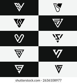 Geometric abstract minimal initial logo set featuring letters SV and VS for stock market and finance brands. Modern, clean design perfect for professional business identity and investment marketing.