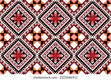 Geometric abstract modern ethnic seamless fabric pattern, red flower style, tribal prints, textile vector design for clothing, batik, wallpaper.