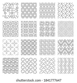 Geometric abstract monochrome seamless patterns set. Textile ornaments rosette curvatures with undulating overlap swirl creative decorative tracery with lines and squares graphic . Vector clipart.
