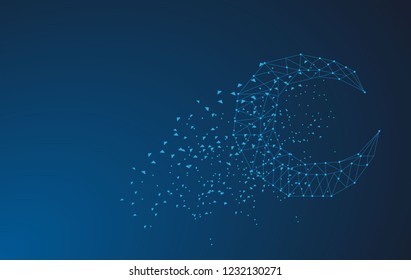geometric abstract moon. Polygonal wireframe mesh art, origami, peace concept illustration or background for technology concept