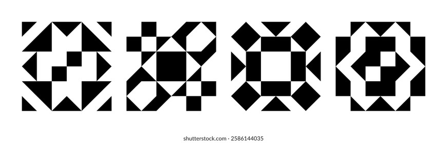 geometric abstract mosaic black shapes pattern set, seamless elements collection made of triangles and squares, pixel elements form, modern design for card, invitation, wallpaper