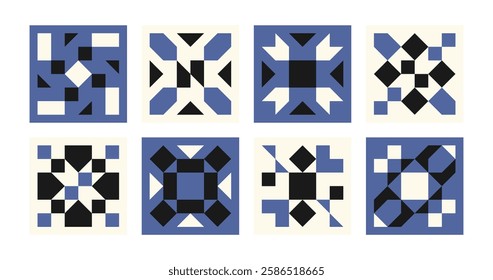 geometric abstract mosaic black shapes pattern set, seamless elements collection made of triangles and squares, pixel elements form, modern design for card, invitation, wallpaper