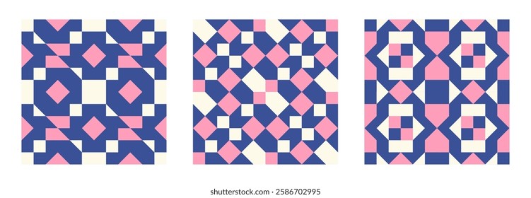  geometric abstract mosaic green shapes pattern set, seamless elements collection made of triangles and squares, pixel elements form, modern design for card, invitation, wallpaper