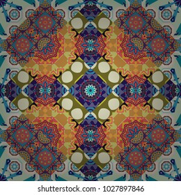 Geometric abstract mosaic seamless pattern with tiles and simple shapes in beige, blue and orange colors for fashion. Abstract dynamic retro tiles background. Seamless grunge micro vector print.