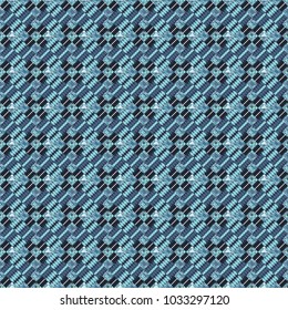 Geometric abstract mosaic seamless pattern with tiles and simple shapes in blue, gray and black colors for fashion. Abstract dynamic retro tiles background. Seamless grunge micro vector print.