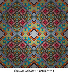 Geometric abstract mosaic seamless pattern with tiles and simple shapes in blue, gray and green colors for fashion. Abstract dynamic retro tiles background. Seamless grunge micro vector print.