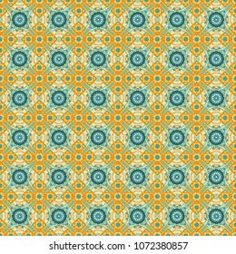 Geometric abstract mosaic seamless pattern with tiles and simple shapes in green, yellow and blue colors for fashion. Abstract dynamic retro tiles background. Seamless grunge micro vector print.