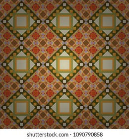 Geometric abstract mosaic seamless pattern with tiles and simple shapes in brown, green and gray colors for fashion. Abstract dynamic retro tiles background. Seamless grunge micro vector print.