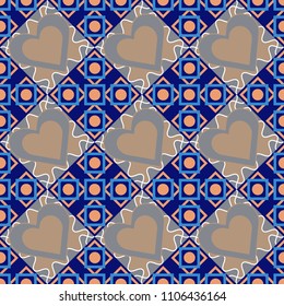 Geometric abstract mosaic seamless pattern with tiles and simple shapes in black, blue and gray colors for fashion. Abstract dynamic retro tiles background. Seamless grunge micro print.