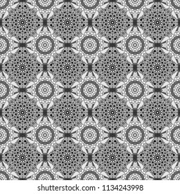 Geometric abstract mosaic seamless pattern with tiles and simple shapes in black, white and gray colors for fashion. Abstract dynamic retro tiles background. Seamless grunge micro vector print.