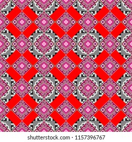 Geometric abstract mosaic seamless pattern with tiles and simple shapes in red, magenta and gray colors for fashion. Abstract dynamic retro tiles background. Seamless grunge micro vector print.
