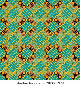 Geometric abstract mosaic seamless pattern with tiles and simple shapes in green, yellow and blue colors for fashion. Seamless grunge micro vector print. Abstract dynamic retro tiles background.
