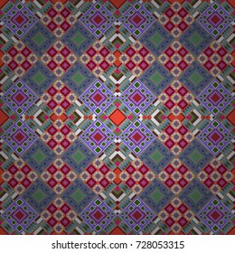 Geometric abstract mosaic seamless pattern with tiles and simple shapes in gray, red and violet colors for fashion. Abstract dynamic retro tiles background. Seamless grunge micro vector print.