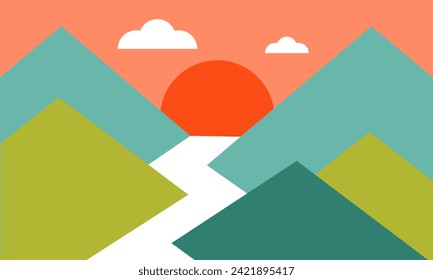 geometric abstract mountain background design, flowing river - vector and illustration
