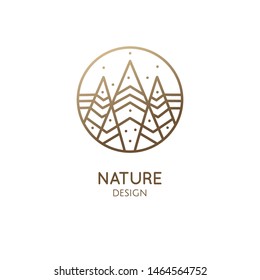 Geometric abstract mountain logo. Zen minimal symbol of mountains. Natrural minimalistic landscape icon. Vector linear pattern triangle shape. Ornamental emblem. Tattoo, spiritual yoga, travel, hiking
