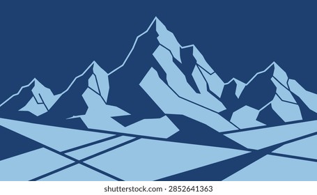 Geometric abstract mountain range vector illustration rendered in shades of monochromatic blue under a dark sky.