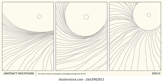 Montañas abstractas geométricas. Simple paisaje de contorno. Afiches de los años 70