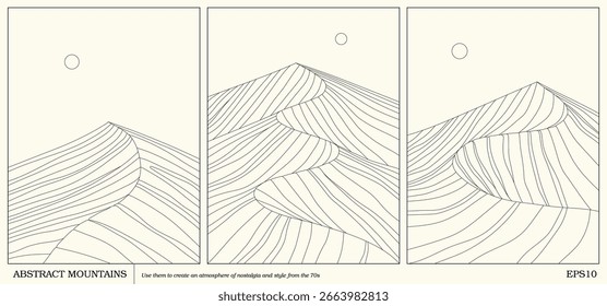 Montanhas geométricas abstratas. Paisagem de contorno simples. Cartazes dos anos 70
