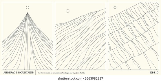 Montanhas geométricas abstratas. Paisagem de contorno simples. Cartazes dos anos 70
