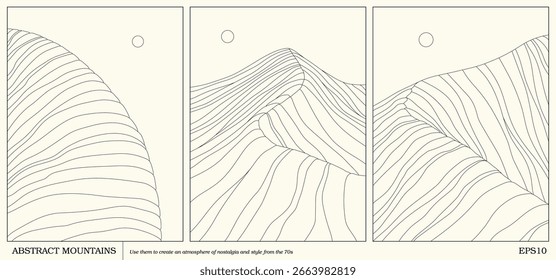 Geometric abstract mountains. Simple outline landscape. 1970s posters