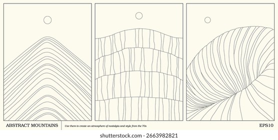 Geometric abstract mountains. Simple outline landscape. 1970s posters