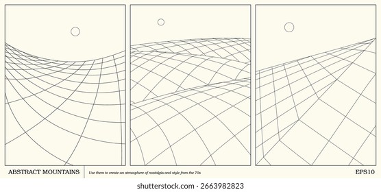 Montañas abstractas geométricas. Simple paisaje de contorno. Afiches de los años 70