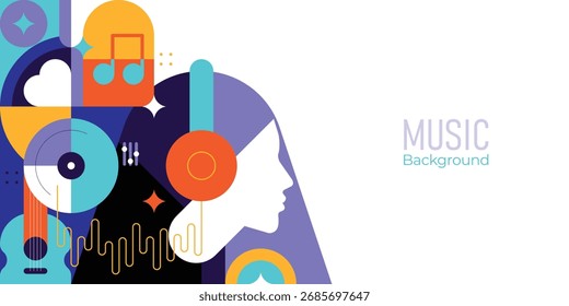 Geometric abstract music background with happy woman wearing headphones. Modern design concept for music festivals, parties, streaming, and entertainment promotions