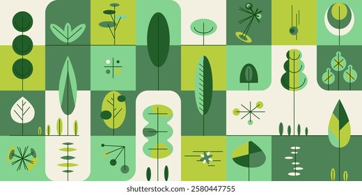 Geometric abstract natural green background with trees in tile, contemporary botanical poster, horizontal garden banner