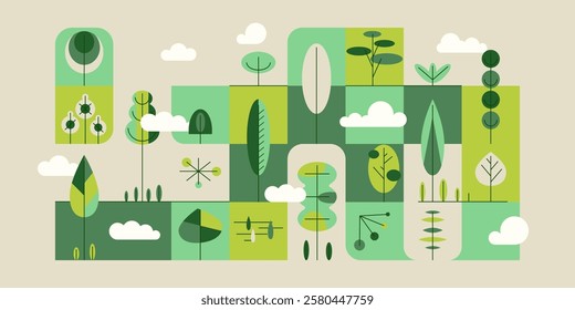 Geometric abstract natural green background with trees in tile, contemporary botanical poster, horizontal garden banner