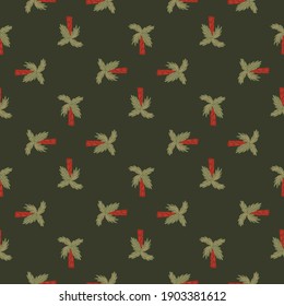 Naturaleza abstracta geométrica sin soldadura con siluetas simples de palmeras. Fondo de oliva verde. Diseño gráfico para envolver texturas de papel y tela. Ilustración vectorial.