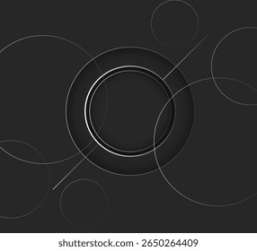 Geometric Abstract Network Design with Overlapping Circles and Intersecting Silver Lines on Dark Gray Background,  Futuristic Tech-Style Graphic for Digital, UI, and Corporate Use