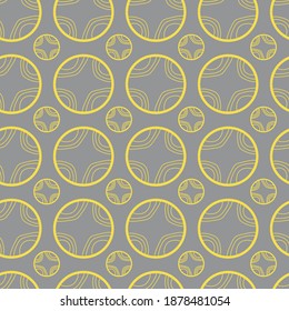 Patrón geométrico abstracto oriental sin fisuras con círculos y triángulos. Iluminación, gris final - nuevo color del año 2021. Moda de moda de moda popular en el patrón de 2021. Ilustración vectorial. 