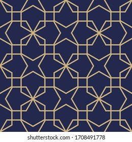 Geometric abstract ornamental pattern. Seamless vector background. Dark blue and gold texture. Graphic modern pattern