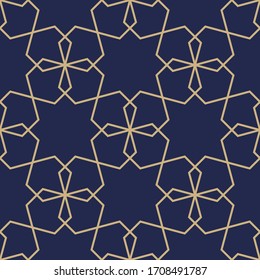 Geometric abstract ornamental pattern. Seamless vector background. Dark blue and gold texture. Graphic modern pattern