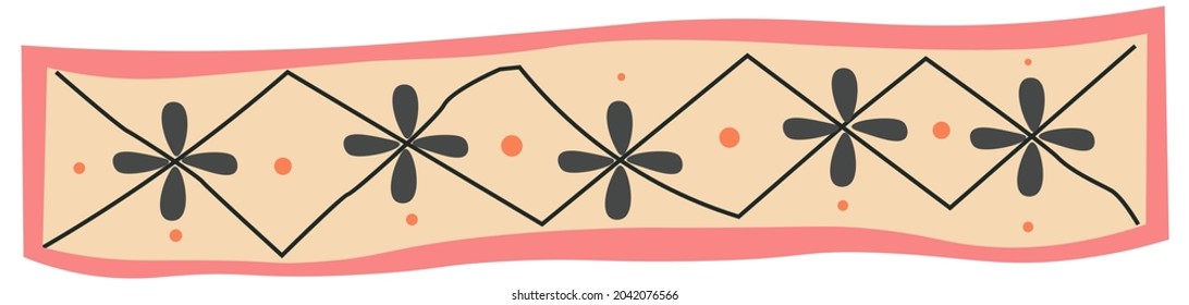Geometric and abstract ornaments and motives, isolated ribbon with crosses and lines. Fashionable print for clothes and fabric, original antique border or decorative art. Vector in flat style