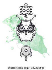 Geometric and abstract owl with sacred geometry, mandala and dreamcatcher. Mysterious, shamanic, symbolic, esoteric, spiritual, new age. Tattoo and fashion art concept.