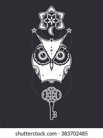 Geometric and abstract owl with sacred geometry, mandala and key to the knowledge on black background. Mysterious, shamanic, symbolic, esoteric, spiritual, new age. Tattoo, T-shirt and fashion art.