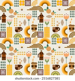 Geometric abstract pastel pattern on summer theme with flower, sunrise, sunset, leaves, rainbow, raindrop, ship, sailboat design. Flat Scandinavian style design for fabric, wallpaper, background
