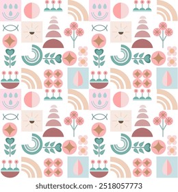 Geometric abstract pastel pattern on summer theme with flower, sunrise, sunset, leaves, rainbow, raindrop, ship, sailboat design. Flat Scandinavian style design for fabric, wallpaper, background