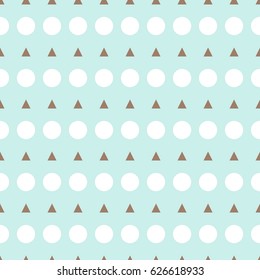 Geometric abstract pastel seamless pattern on blue background with brown triangle and white dots. Vector Illustration.