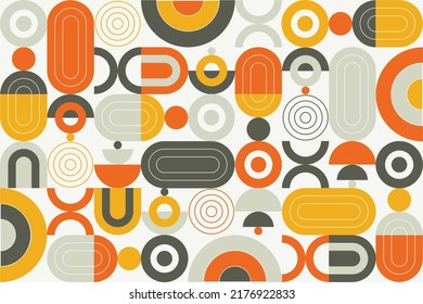 Geometric Abstract Pattern Background, Flat Design Of Mosaic With The Simple Shape Of Circles, Semi-circle And, Lines. Mural Design. Neo Geometric. Vector Illustration.